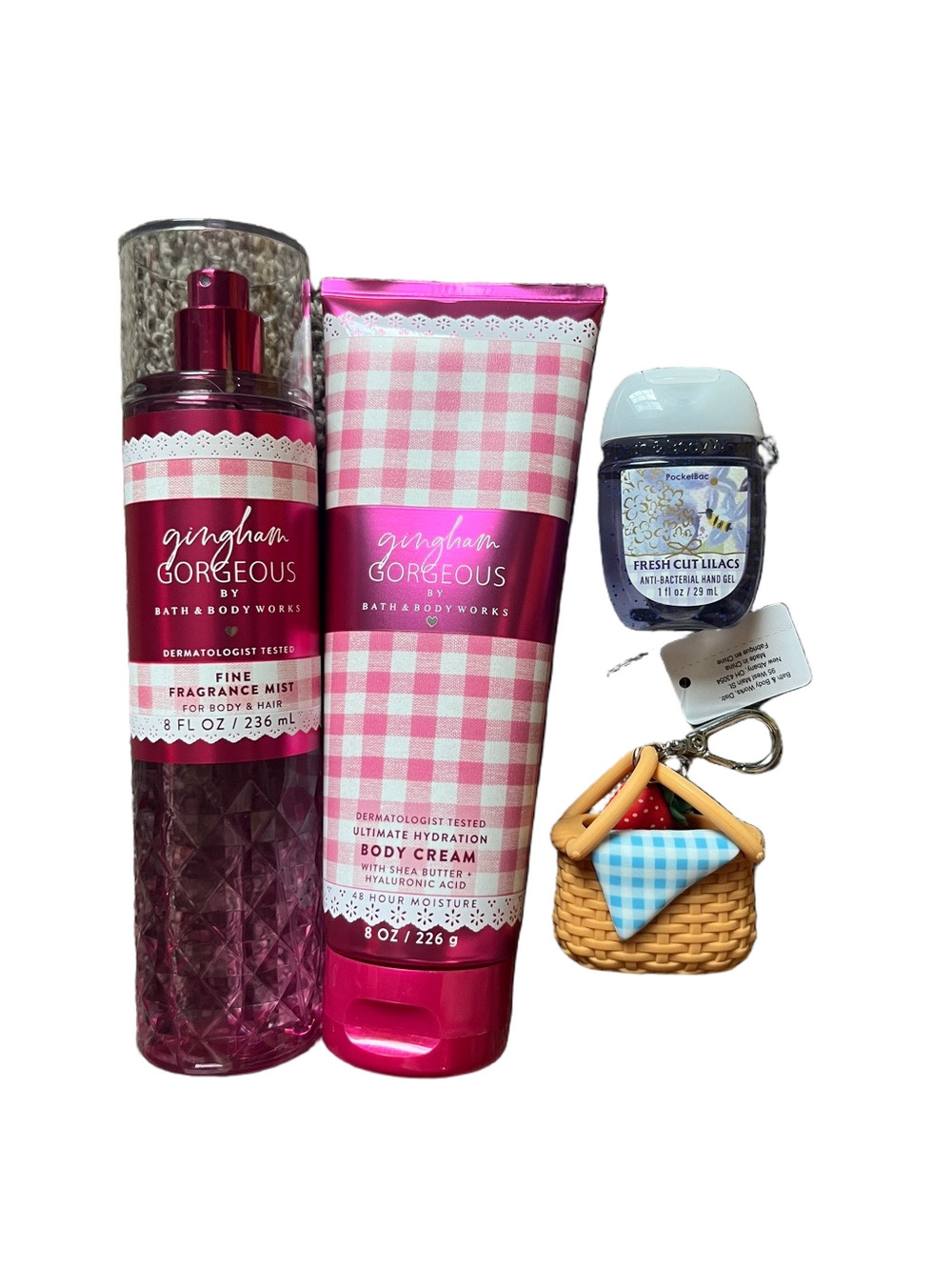 Bath & Body Works Gingham Gorgeous Mist Body Cream Lilac Gel Holder Set New